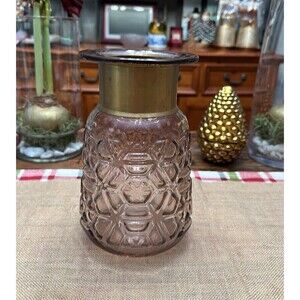 Vintage Bohemian Purple Opaque textured glass Vase Vessel Brass Neck Collar 8.5"